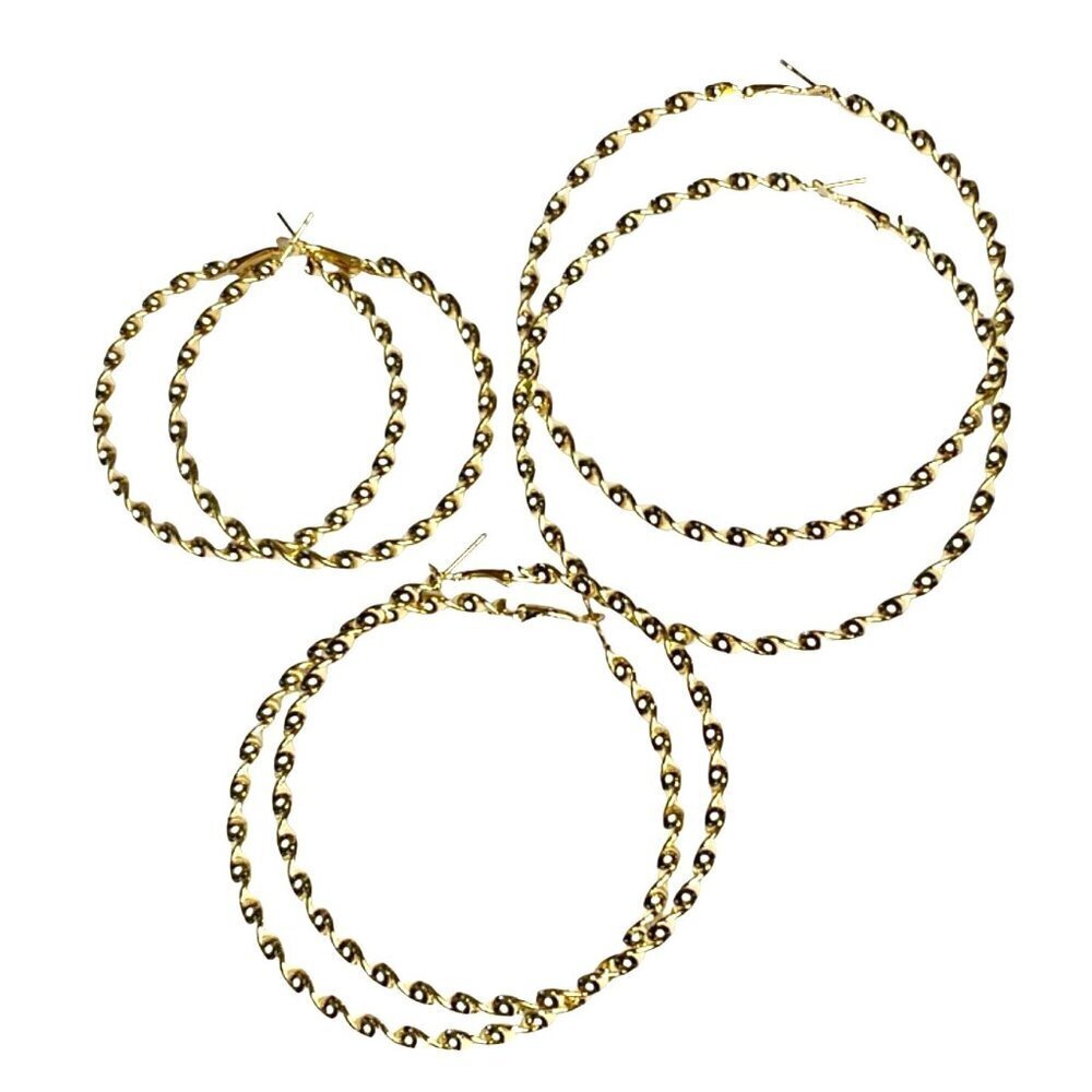 Gold-tone braided metallic 3‎ different sizes hoop earrings sets women OS